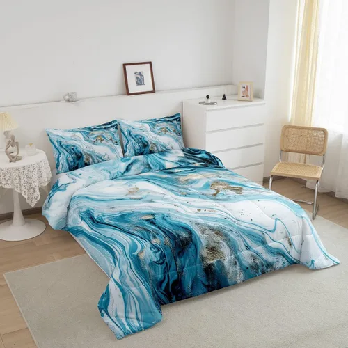 Vista 2 de Erosebridal Edredón de mármol azul y blanco, ropa de cama de lentejuelas doradas, juegos y colecciones de ropa de cama con patrón geométrico