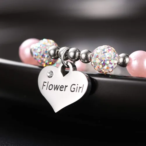 Vista 4 de Vinjewelry Pulsera de flores para niñas, bolas de perlas y diamantes de imitación, regalos para niñas de flores, uso en fiesta de boda, Metal