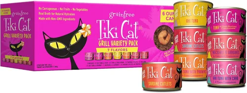 Vista 11 de Tiki Cat Grill - Alimento húmedo bajo en carbohidratos con mariscos enteros en caldo para gatos y gatitos adultos, 6 onzas, 8 unidades, variedad
