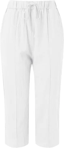 Vista 4 de Bermudas de algodón y lino para mujer, cintura alta elástica, color sólido, pantalones cortos cómodos de verano con bolsillos