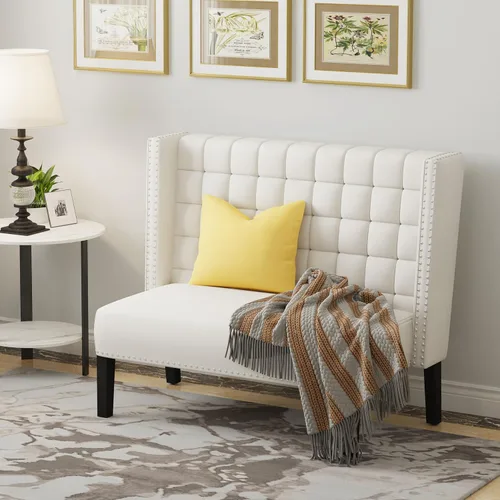 Vista 11 de Andeworld Sofá Loveseat Settee Banco Sofá Moderno, Banco Banqueta Tapizado con Respaldo para Comedor, Sala de Estar, Pasillo o Entrada, Putty