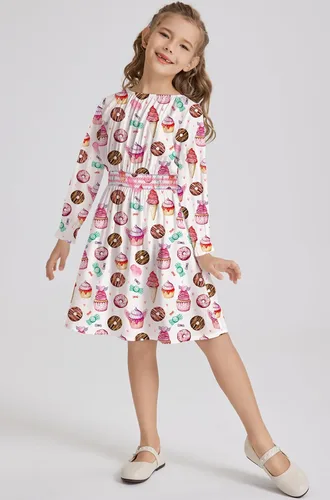 Vista 4 de Vestido floral con cintura fruncida para niñas, ropa de juego para la iglesia, vacaciones, vestido midi suave con bolsillos