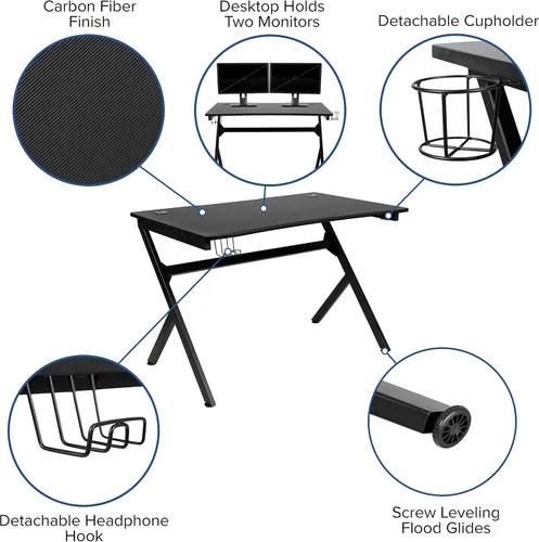 Vista 5 de BizChair Escritorio para juegos de 45.25 x 29 pulgadas, estación de trabajo para jugadores con soporte para auriculares y 2 agujeros para organizar