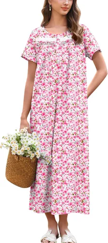 Vista 14 de Ekouaer Camisón para Mujeres de Algodón Camisón Largo de Noche Camisón de Manga Corta con Bolsillos Camisón con Botones Ropa de Dormir Suave