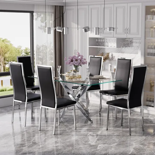 Vista 28 de Juego de mesa de comedor de cristal dorado moderno de 63 pulgadas para 6, juego de mesa de cocina rectangular de 7 piezas con patas de acero Negro