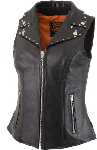 Vista 3 de Milwaukee Leather MLL4503 Chaleco de motociclista clásico de cuero con cuello en V negro para mujer con cuello de solapa remachado - S