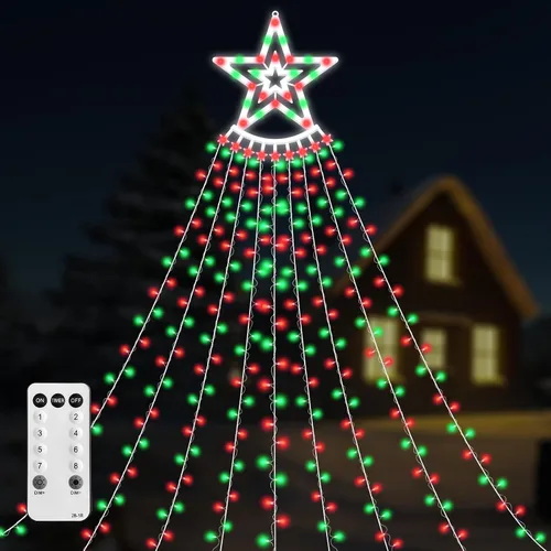 Vista 8 de VTZNOJ 350 LED Guirnalda de luces de estrella para decoración de Navidad, impermeables, luces de cascada estrelladas con 8 modos de luz, control
