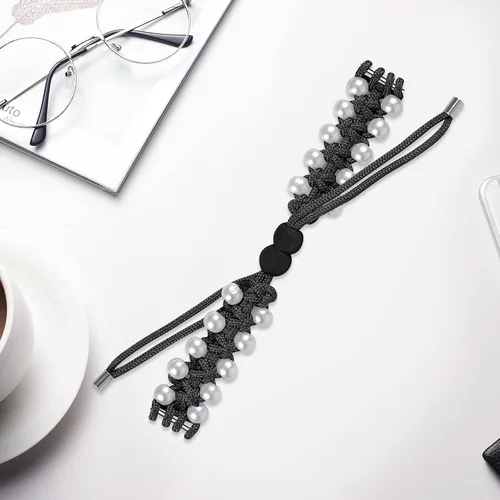 Vista 4 de Pulsera Compatible con Xiaomi Mi Band 5/4, KangPlus Mujer Chica Elegante Pulsera De Reemplazo Transpirable Ajustable Hecho A Mano De Imitación Negro