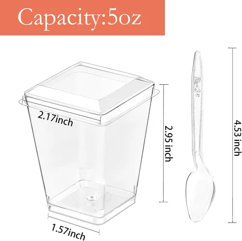 Vista 3 de Hiasobre Paquete de 100 vasos de plástico de 5 onzas para postre con tapas y cucharas, tazas reutilizables de parfait transparente, vasos cuadrados