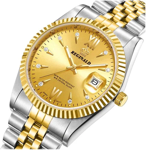 Vista 3 de PASOY Reloj de moda para hombre, tamaño unisex, acero inoxidable, fecha, dorado, bisel, plateado, reloj de pulsera de 1.417in, Moda