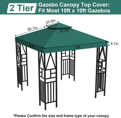 Vista 2 de Cubierta de repuesto para toldo de 10 x 10 pies, doble nivel, con 12 velcros, nailon impermeable con protección UV, refugio al aire libre para Verde