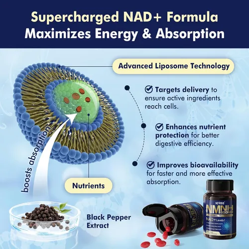 Vista 7 de NEVISS Suplemento NAD+, NMNH liposomal de última generación 500 mg, alternativa de suplemento NR NMNN, NAD+ de alta absorción con curcumina