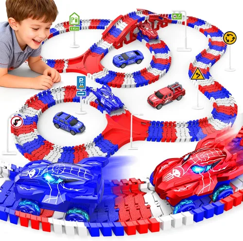 Vista 7 de Juguetes de dinosaurio para niños de 3 a 5 años, juego de pista de tren flexible que brilla en la oscuridad, 2 autos de dinosaurio para niños
