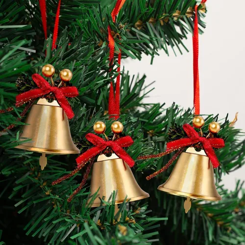 Vista 3 de Campanas Doradas de Navidad, 12 piezas Cascabeles de Metal Dorado de 2.4 pulgadas con Lazo Rojo y Adorno Colgante de Árbol de Bayas, Cascabel