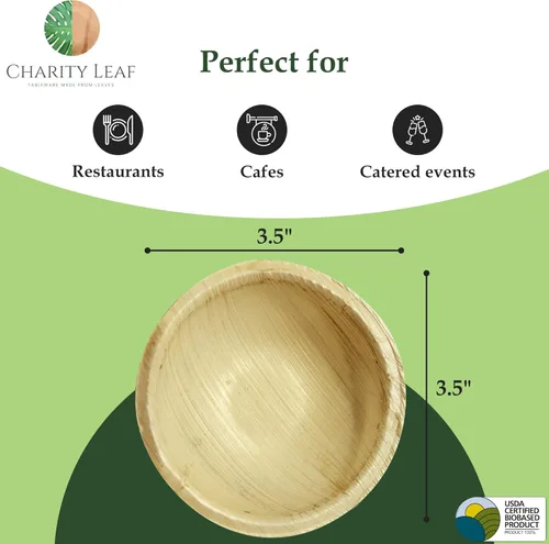Vista 3 de Charity Leaf Mini tazón redondo de hoja de palma desechable de 3.5 pulgadas (25 piezas) Como bambú Todo natural y biodegradable Tablas