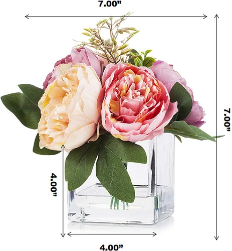 Vista 4 de Arreglo floral de peonía de seda artificial con jarrón de vidrio transparente para decoración casera de boda