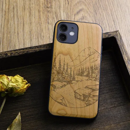 Vista 4 de Carveit Funda magnética de madera para iPhone 12 [madera natural y TPU suave negro] a prueba de golpes, funda de madera única compatible con MagSafe