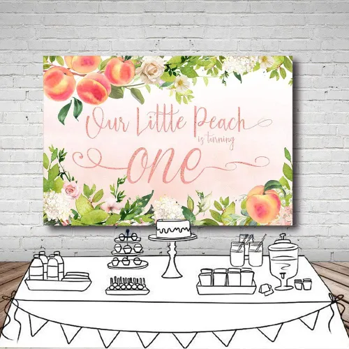 Vista 5 de MEHOFOND Sweet Little Peach Girl - Fondo para fotos de fiesta de cumpleaños, color rosa, floral, vegetación, feliz primer cumpleaños, fondos