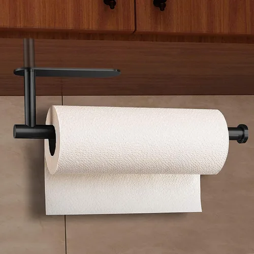 Vista 4 de Toallero de papel para debajo del gabinete, soporte autoadhesivo para toallas de papel negro mate para encimera de baño, organizador horizontal