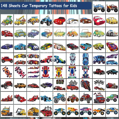 Vista 3 de CHARLENT 148 tatuajes temporales de autos de carreras y camión monstruo para niños, tatuajes individuales de automóvil GoKart para niños, regalos