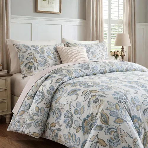 Vista 4 de Juego de edredón floral azul tamaño Queen, juego de ropa de cama botánica azul 100% algodón, edredón suave transpirable de 3 piezas y 2 fundas