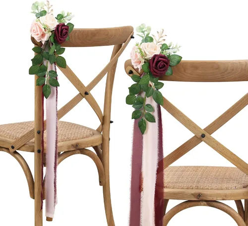 Vista 9 de Arreglo floral de pasillo para la ceremonia de la boda, juego de 10 flores para sillas de la iglesia, decoración para fiestas con flores Azul