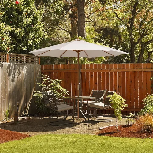 Vista 8 de HAPPYGRILL Sombrilla de madera para patio de 10 pies con polea de cuerda y Beige