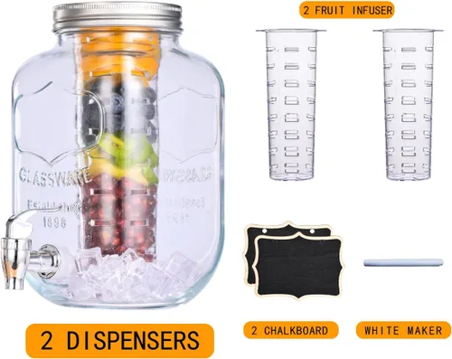 Vista 3 de Eleganttime Dispensadores de bebidas de vidrio de 1 galón para fiestas, paquete de 2 dispensadores de bebidas con infusor de frutas, dispensador