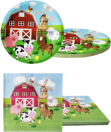 Vista 7 de Juego de vajilla de fiesta de animales de granja, 20 platos y 20 servilletas y mantel de 71 x 42 pulgadas, suministros de decoración para fiestas