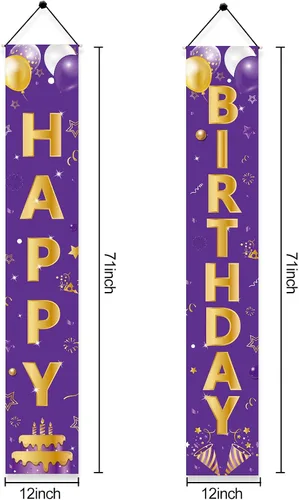 Vista 2 de Cartel de feliz cumpleaños dorado morado para puerta, letrero de feliz cumpleaños, suministros de fiesta para niñas y mujeres, 16, 21, 30, 40, 50