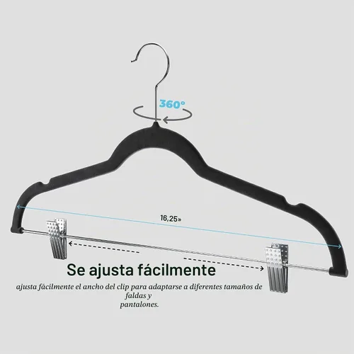 Vista 4 de Home-it - Perchas para pantalones con clips, 10 unidades, terciopelo negro, antideslizante, ahorro de espacio para pantalones, faldas, abrigos