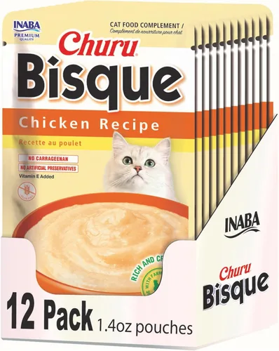 Vista 13 de INABA Churu Bisque para gatos mayores de 10 años, Puré cremoso en sobre, 1.4 onzas por sobre, 12 sobres en total, Receta de atún con salmón