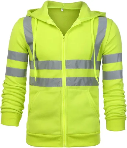 Vista 2 de Sudadera con capucha reflectante de color sólido para hombre, de manga larga, holgada, de alta visibilidad, con capucha de seguridad