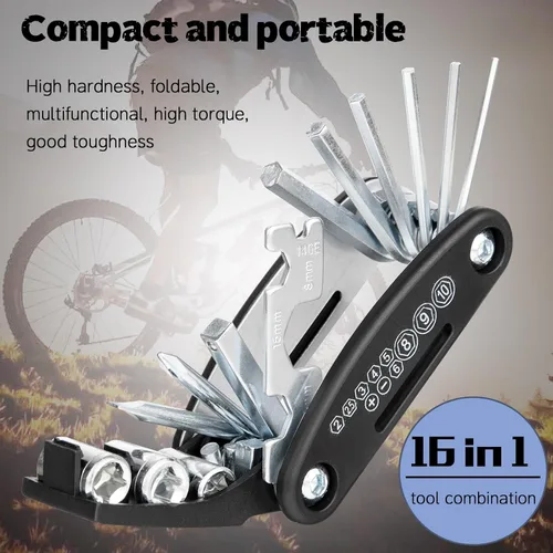 Vista 4 de Kit completo de reparación de bicicleta con bolsa impermeable y bomba de neumáticos estable Herramienta esencial para bicicleta, kit de parches