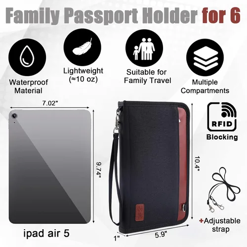 Vista 4 de Cartera para pasaporte, organizador de documentos de viaje con cremallera, bloqueo RFID, múltiples soportes para pasaportes, Negro, 6 passports