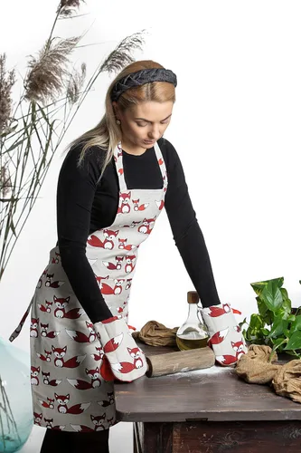 Vista 3 de Delantal de cocina de lino con 2 guantes cortos para horno, delantales de cocina con bolsillo frontal para mujeres y hombres con bonito diseño
