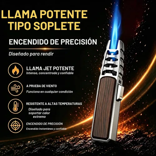 Vista 2 de Encendedor de antorcha de butano, soplete recto resistente al viento, encendedor de llama azul, encendedor de turbina, encendedor de cocina Negro