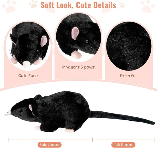 Vista 2 de Peluche realista de rata negra para gatos y perros, juguete de peluche de 12.6 pulgadas, aprendizaje STEM y regalo novedoso, peluche realista