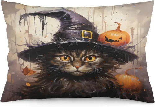 Vista 7 de Funda de almohada con sombrero de bruja con diseño de gato de 20 x 30 pulgadas, diseño de impresión de doble cara con cremallera invisible, Patrón 8