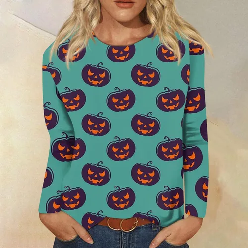 Vista 2 de Camisetas de Halloween de talla grande para mujer, camisetas de manga larga para otoño, lindas y divertidas camisetas de calabaza con fantasma Jack
