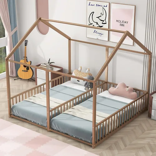 Vista 22 de Cama juguetona en forma de casa de tamaño matrimonial con estantes y luces, marco de cama de metal con techo para niños, adolescentes y adultos, un