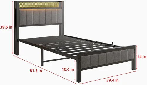 Vista 2 de Base de cama individual con estación de carga y luces LED, cabecera tapizada con estantes de almacenamiento, marco de cama de plataforma individual