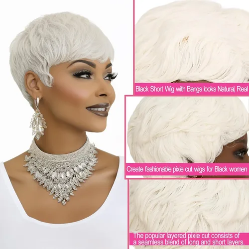 Vista 2 de Peluca Pixie blanca corta para mujeres negras, peluca blanca de corte pixie para mujeres negras, pelucas de pelo corto sintético en capas