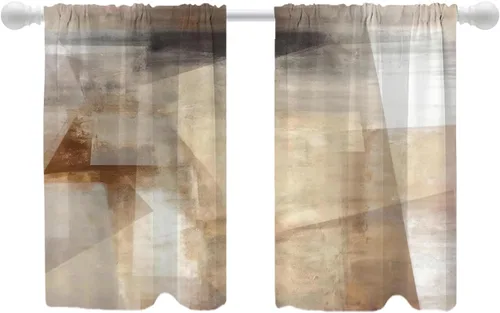 Vista 155 de Shrahala Beige and Orange Abstract Art Brushstrokes Blackout Curtain Tiers, Abstract Oil Paint Kitchen Valance Light Blocking Tier Drapes with Rod