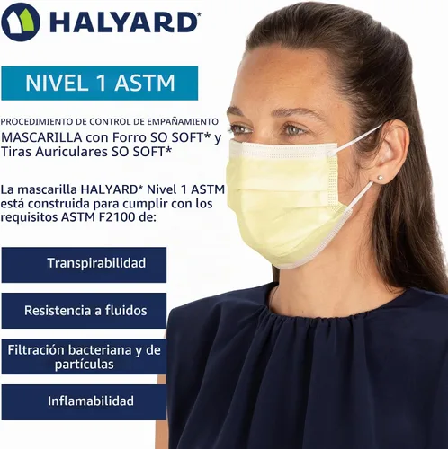 Vista 2 de HALYARD FLUIDSHIELD 1 Máscara desechable de procedimiento con forro tan suave y cintas elásticas para las orejas, amarillo, nivel 1, 25867