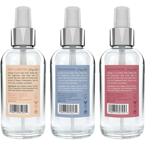 Vista 7 de Olivia Care Body Mist Trio, 3 aromas: flor de loto, rosa azucarada, clementina dulce (3 botellas en total (1 de cada aroma))