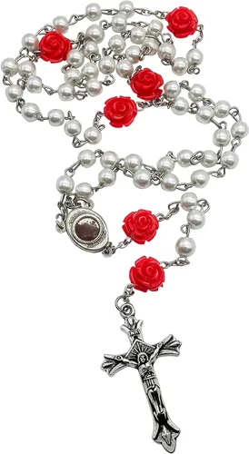 Vista 7 de Perlas blancas Collar de Rosario Católico Nuestra Rosa Flores Rojas Centro de la Medalla y Cruz