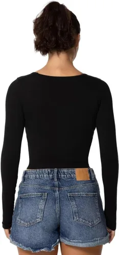 Vista 4 de Sunzel Camiseta corta de manga larga para mujer, con cuello cuadrado ancho, sexy, sin costuras, moderna, para entrenamiento, yoga, casual