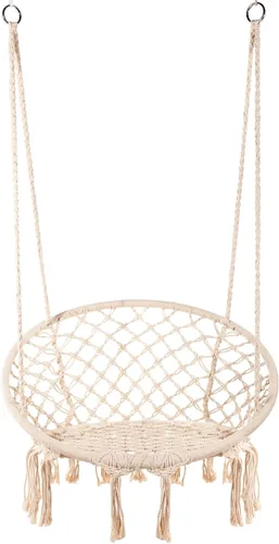 Vista 5 de Caromy Silla hamaca de macramé, silla colgante de malla, columpio de cuerda de algodón duradero para dormitorio, patio, jardín, terraza, patio