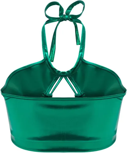 Vista 2 de Chaleco sin mangas metálico brillante para mujer, brasier corto con cuello halter, traje sexy para festivales, rave, baile, club